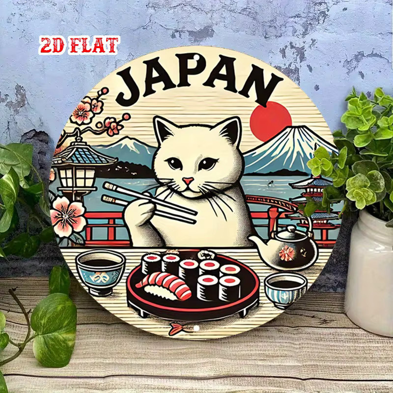 Potdemiel Rundes Aluminiumschild Japan Szene mit Katze und roter Sonne, Durchmesser: 20 cm, Mehrfarbig - Bild 3