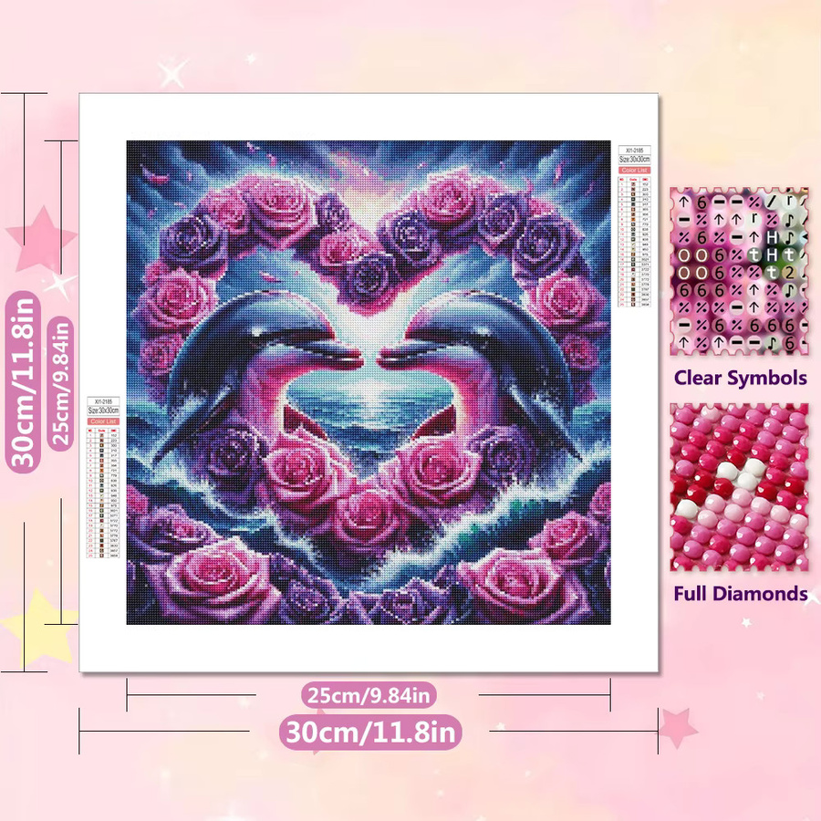 EverShine 5D-Diamantgemälde Delfin mit Rose und Herz als DIY-Mosaik-Stickerei in Multicolour für Erwachsene - Bild 2
