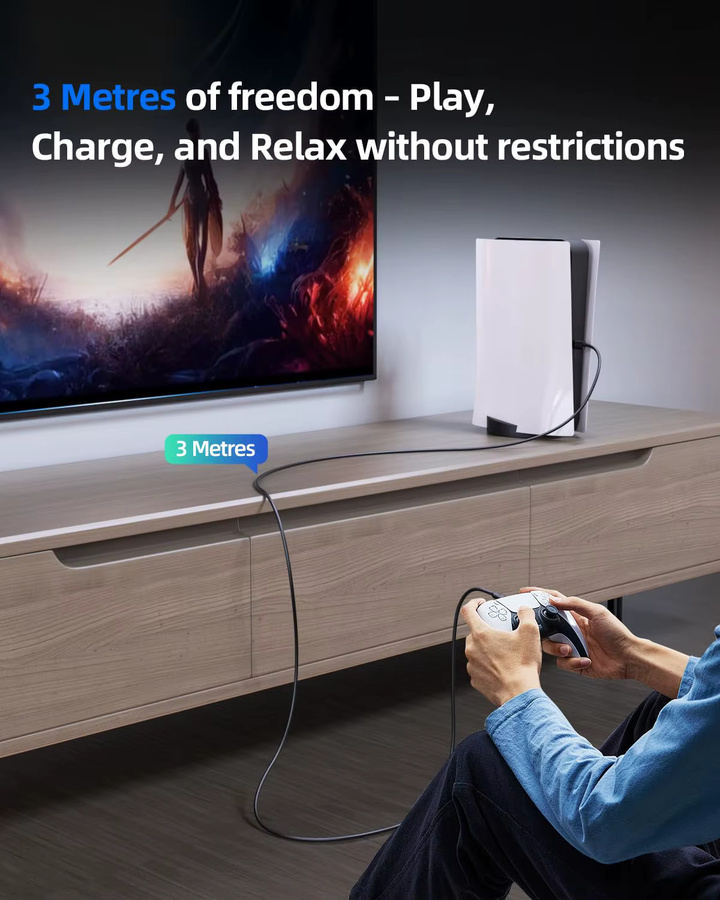 Gryan USB Typ C Ladekabel in Schwarz für Nintendo Switch, OLED, Lite und PS5 Controller, Hochgeschwindigkeits-Datenkabel für Xbox Serie und Smartphone, Länge: 1m bis 3m - Bild 2