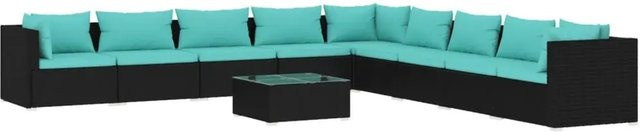 vidaXL 10-tlg. Garten-Lounge-Set aus Poly-Rattan in Schwarz mit blauen Kissen und Couchtisch - Bild 1