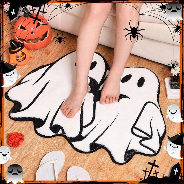 VIKAMA Halloween Fußmatte mit niedlichem Cartoon-Geist in Weiß, rutschfester Teppich für Badezimmer und Schlafzimmer - Bild 1