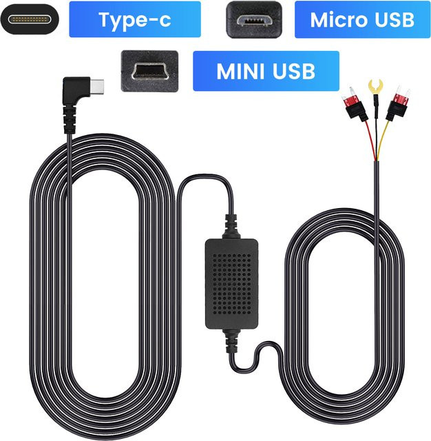 TomoStrong Hardwire Kit für Auto Dash Cam DVR, 3,5 m Kabel mit Step-Down Linie, USB Micro/Typ-C Schnittstelle, Schwarz - Bild 1