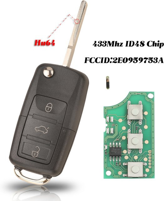 Jingyuqin 434MHz ID48 Chip Fernbedienung für VW/VOLKSWAGEN Crafter, 3-Tasten DIY-Schlüssel Ersatz, Schwarz - Bild 1