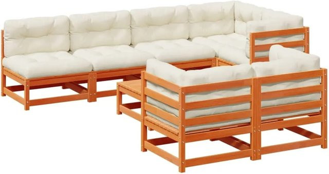 vidaXL 8-teilige Garten-Sofagarnitur aus Kiefernholz mit Kissen in Wachsbraun und Weiß - Bild 1
