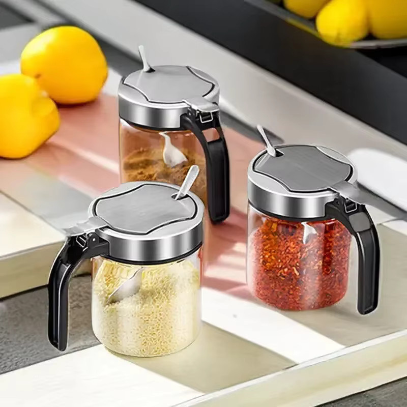 LIJIAO Gewürzglas aus Glas mit Löffel für Salz, Zucker oder Gewürze, 300 ml, transparent/grau - Bild 4