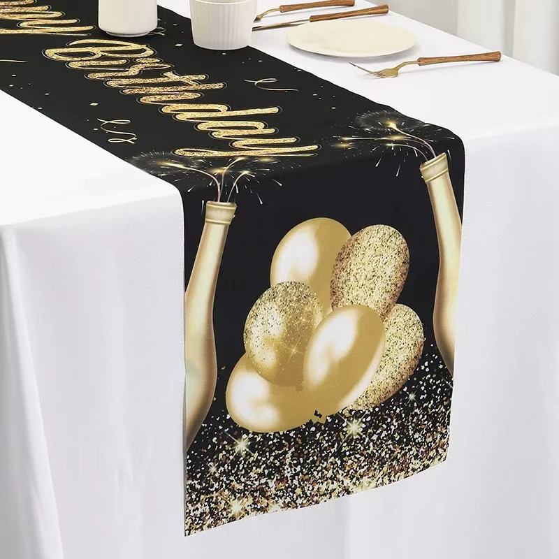 VIKAMA Happy Birthday Tischläufer in Schwarz und Gold, schmutzabweisend und waschbar, Party-Dekoration für dein Esszimmer - Bild 2