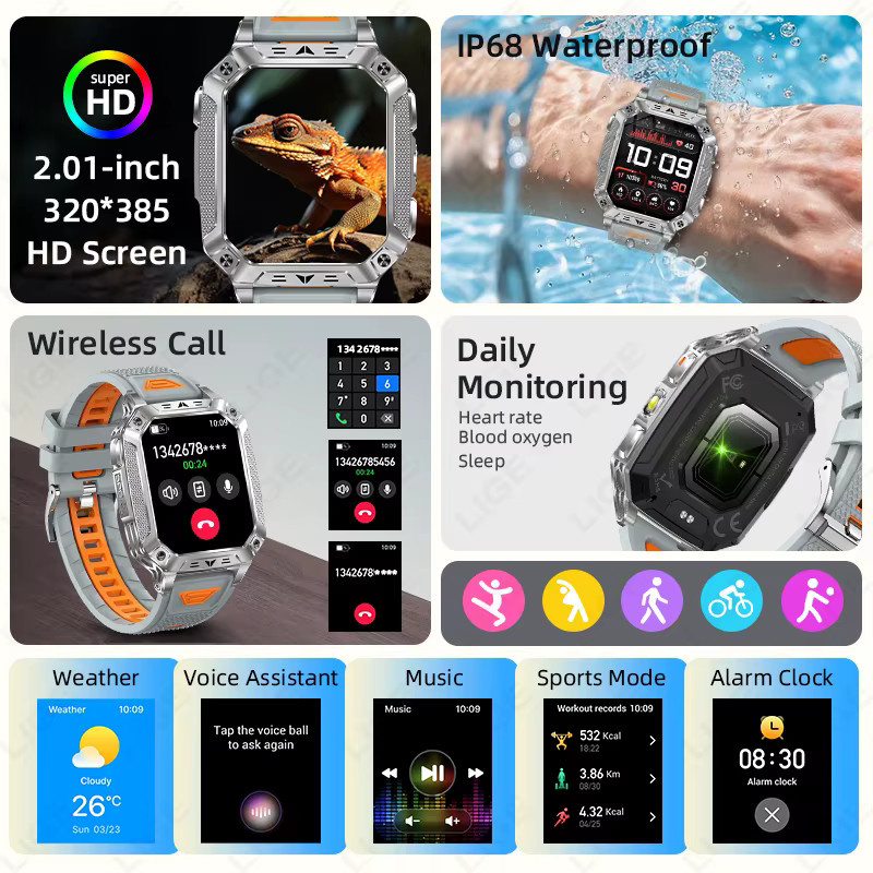 LIGE Smartwatch, Schwarz, Silikon, Herren, Wasserdicht - Bild 6