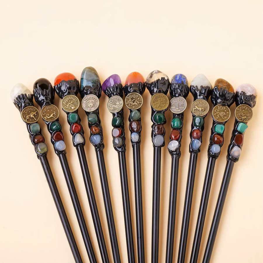 Handgefertigter Kristall-Zauberstab mit Zwölf Sternzeichen als DIY Feenstab Requisit in Blau und Multicolour aus Naturstein - Bild 2