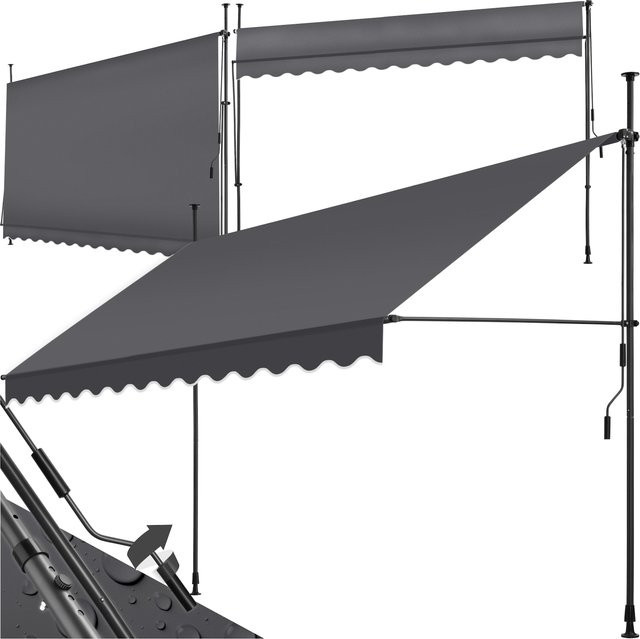 tectake Klemmmarkise mit Handkurbel, UV-beständig, höhenverstellbar 211 - 304 cm, Schwarz Grau, B: 350 cm, H: 180 - 304 cm - Bild 1