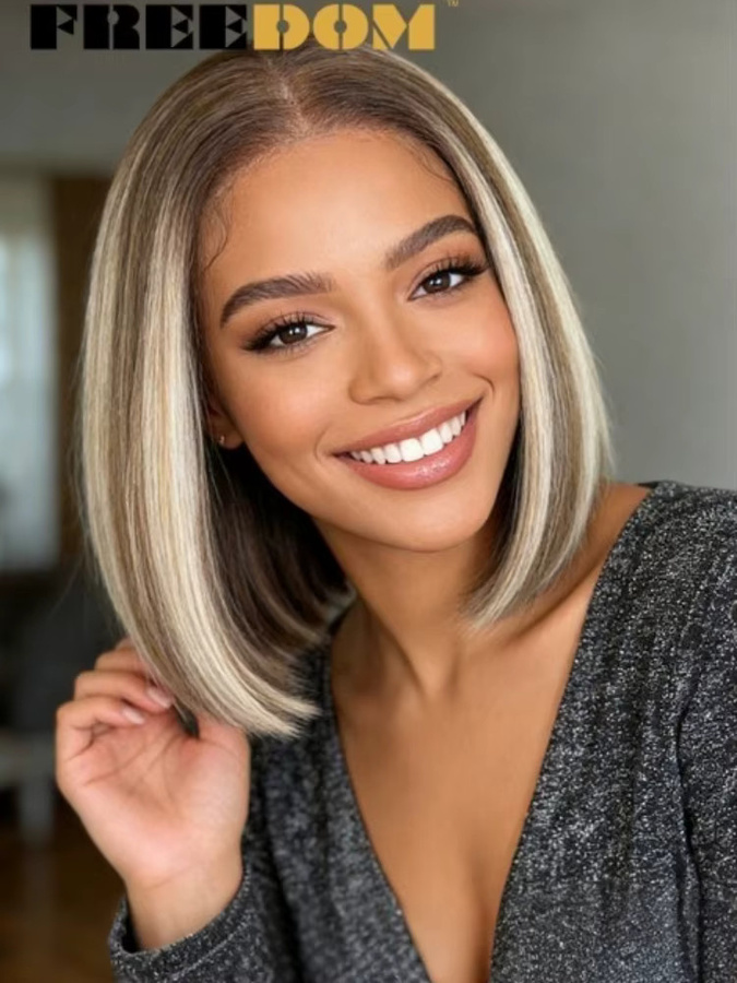 FREEDOM Synthetische Lace-Front-Perücke, 10 Zoll Bob, Ombre Braun Blond, Damen - Bild 4