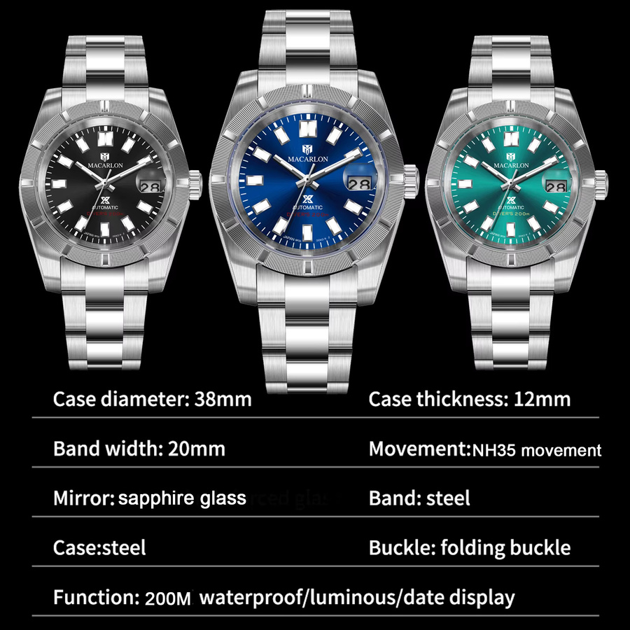 MACARLON Automatikuhr, Edelstahl, 38 mm, Herren, Saphirglas, Leuchtzeiger - Bild 6