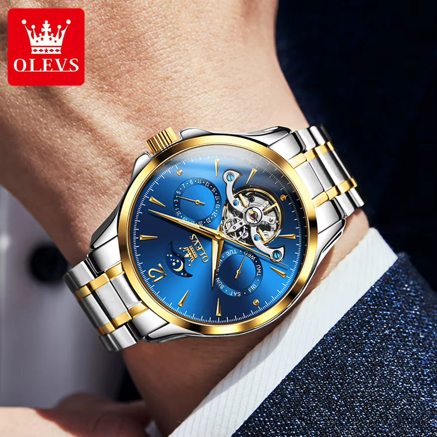 OLEVS Armbanduhr, Automatik, Skeleton, Mondphase, Edelstahl, Blau, Gold, Herren - Bild 2