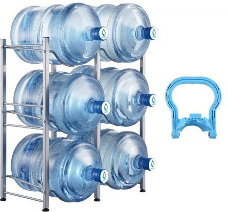 VEVOR Wasserflaschenhalter aus Eisen, 3-stöckiges Regal für 6 Wasserbehälter à 5 Gallonen, silber - Bild 1
