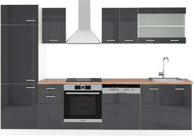 Vicco R-Line Küchenzeile Anthrazit Hochglanz und Weiß mit Eiche Optik, Breite: 300 cm, Höhe: 207 cm, Tiefe: 60 cm - Bild 1