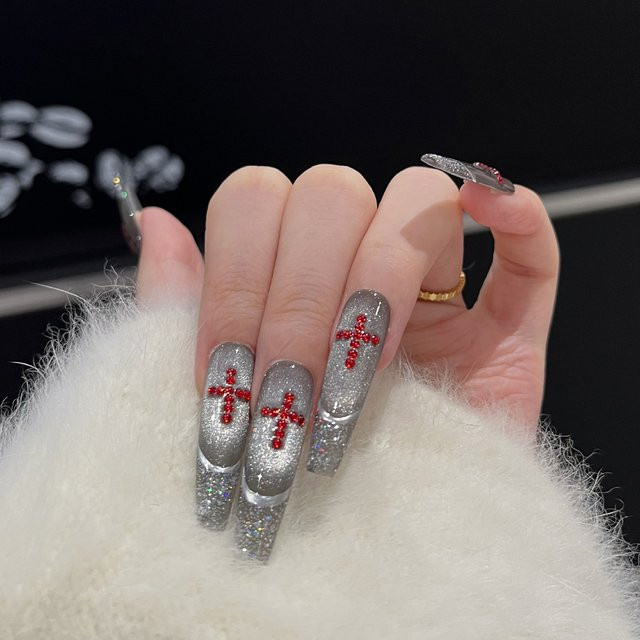 Cat Eye Gothic Press On Nails mit Kreuz-Strasssteinen-Dekor, Glänzend, Damen - Bild 1