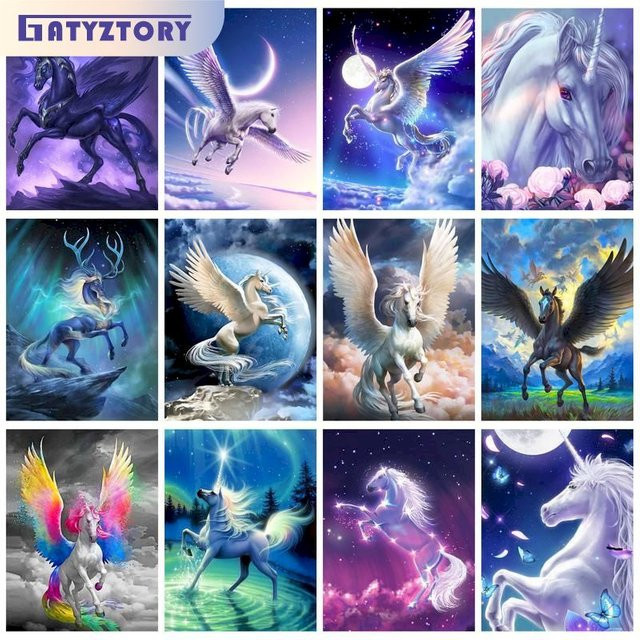 Gatyztory Malerei nach Zahlen mit fliegendem Pferd und Einhorn, Motiv Fantasie-Tiere in Gelb und Multicolour, B/H: 40 x 50 cm - Bild 1