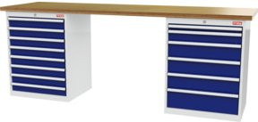 STIER Werkbank mit 2 Schrankgehäusen in Weiß und Blau, B/T/H: 250 x 60 x 86 cm - Bild 1