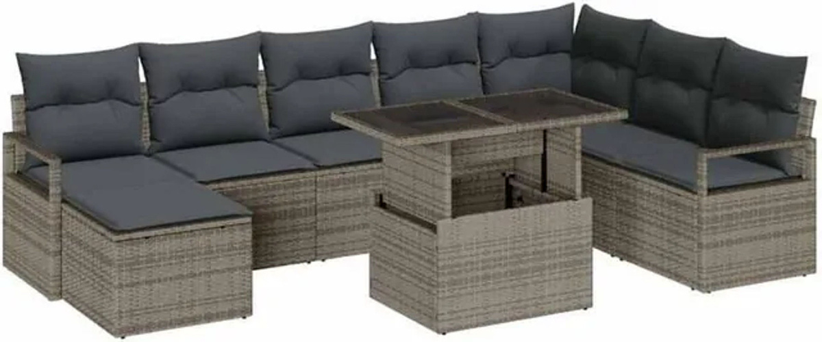 vidaXL Garten-Sofa-Set aus Poly-Rattan mit Speicherfunktion, 9-teilig, Grau - Bild 1