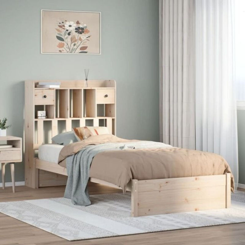 Massivholzbett Vidaxl aus Kiefer mit Regal in Braun und Natur im Landhaus- und Skandinavischen Stil, B/T/H: 90 x 200 x 110 cm - Bild 1
