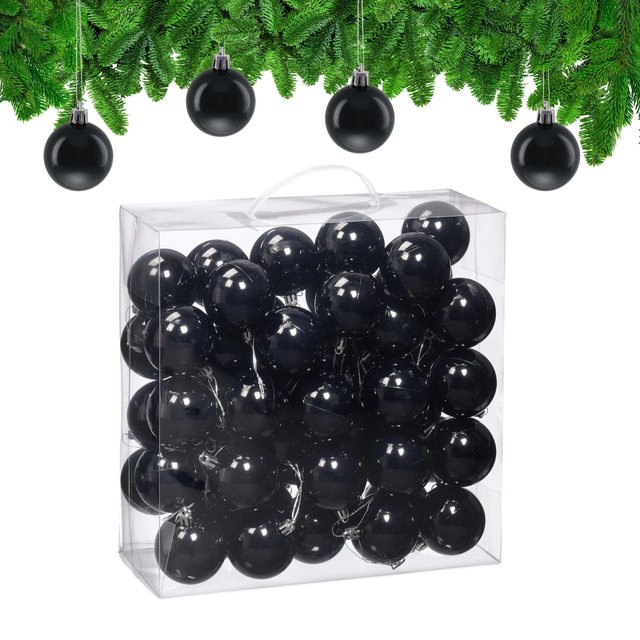 Relaxdays Weihnachtskugeln 50er Set aus Kunststoff in Schwarz glänzend, Durchmesser: 6 cm, Höhe: 7 cm - Bild 1