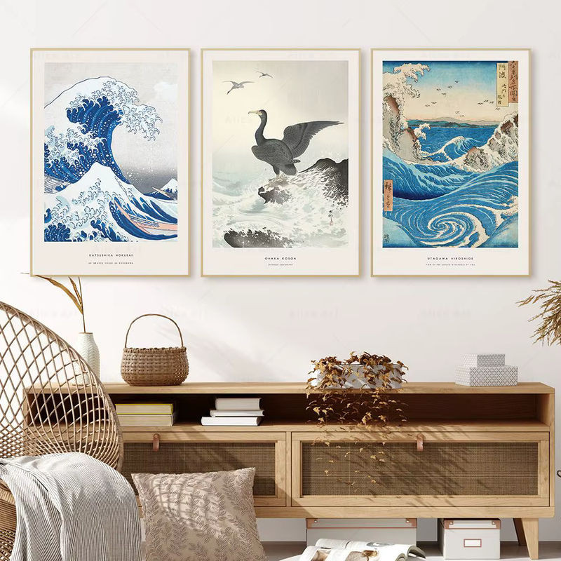 Potdemiel Leinwandbild Hokusai Ohara Koson Japan Stil Welle Wandkunst im skandinavischen Design, mehrfarbig, Hochformat - Bild 1