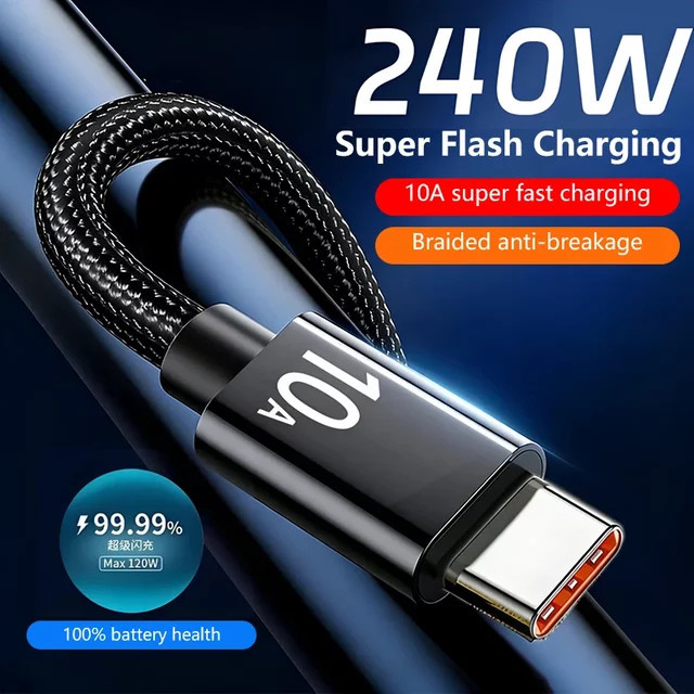 USB-C zu USB-C Schnellladekabel 240W mit Hochgeschwindigkeits-Datenübertragung, geflochtenes Ladekabel in Schwarz - Bild 1