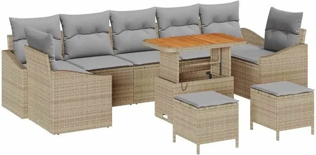 vidaXL 10-teiliges Garten-Sofaset aus Polyrattan und Akazie in Beige mit Kissen - Bild 1