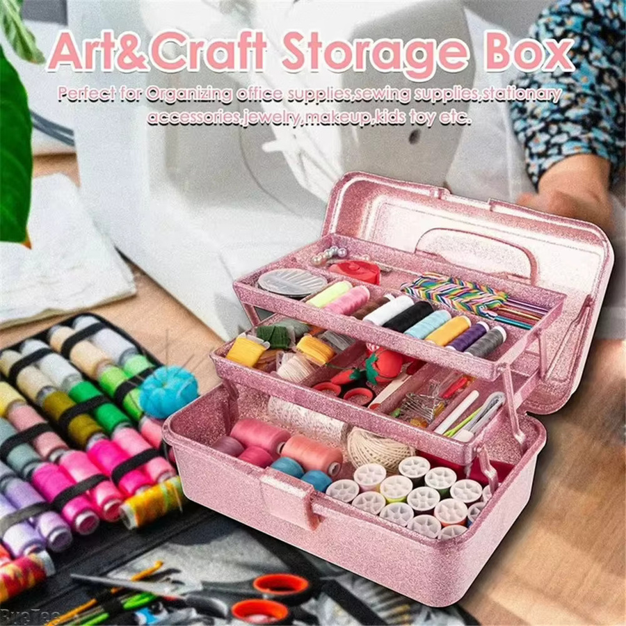 RveTee Bastelwerkzeug-Aufbewahrungsbox in Glitzerrosa, 3-lagige stapelbare Nähbox und Organizer für Kunstbedarf - Bild 4