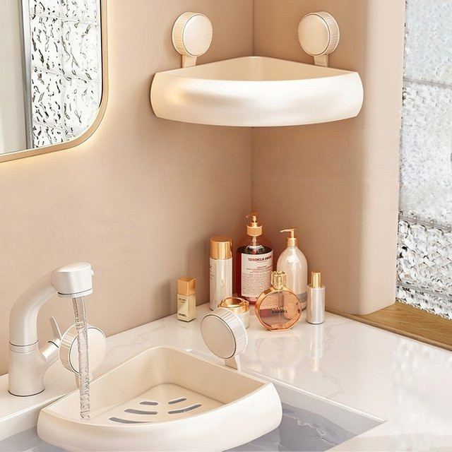 Eckregal für die Dusche als Badezimmer Organizer in Weiß, saugbarer Dreieckskorb aus Kunststoff zur Wandmontage ohne Bohren - Bild 1