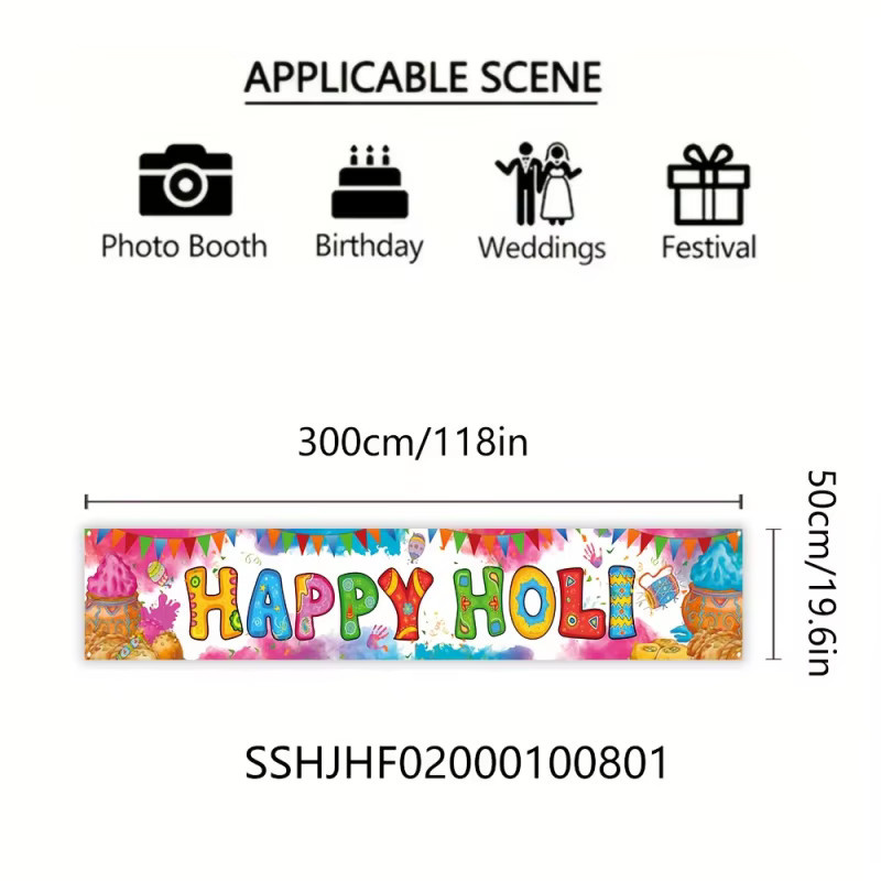 VIKAMA Holi Festival Banner, buntes Textil-Dekorationsbanner in Multicolour für Haus- und Gartenpartys, Rechteckig, Breite: 200 cm, Höhe: 45 cm - Bild 4