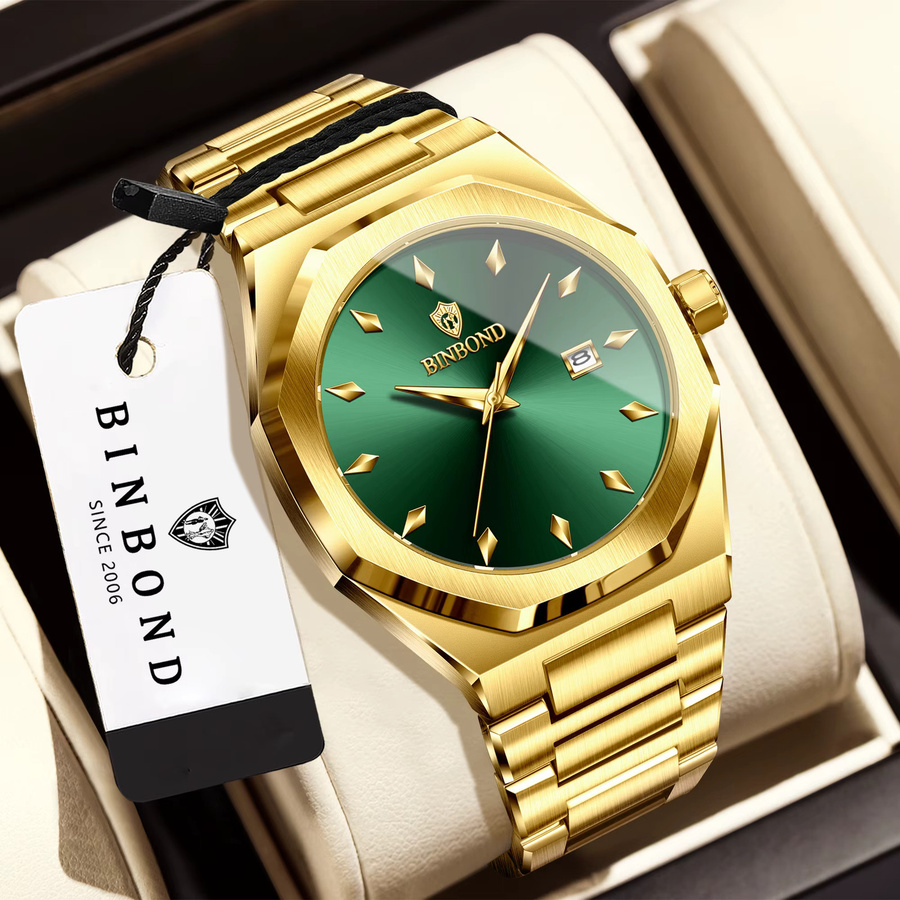 BINBOND Armbanduhr Quarz, Edelstahl, Gold, Grün, Herren - Bild 2