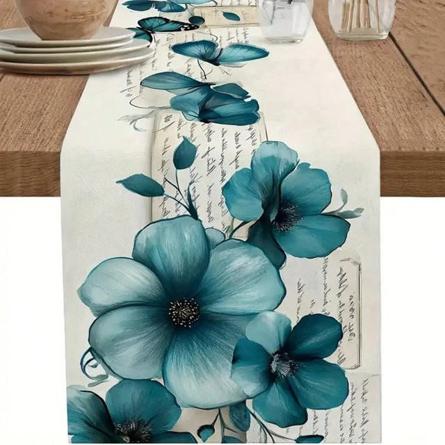 VIKAMA Retro-Tischläufer aus Leinen mit blauem Blumenmuster, rechteckig, B/H: 90 x 33 cm - Bild 1