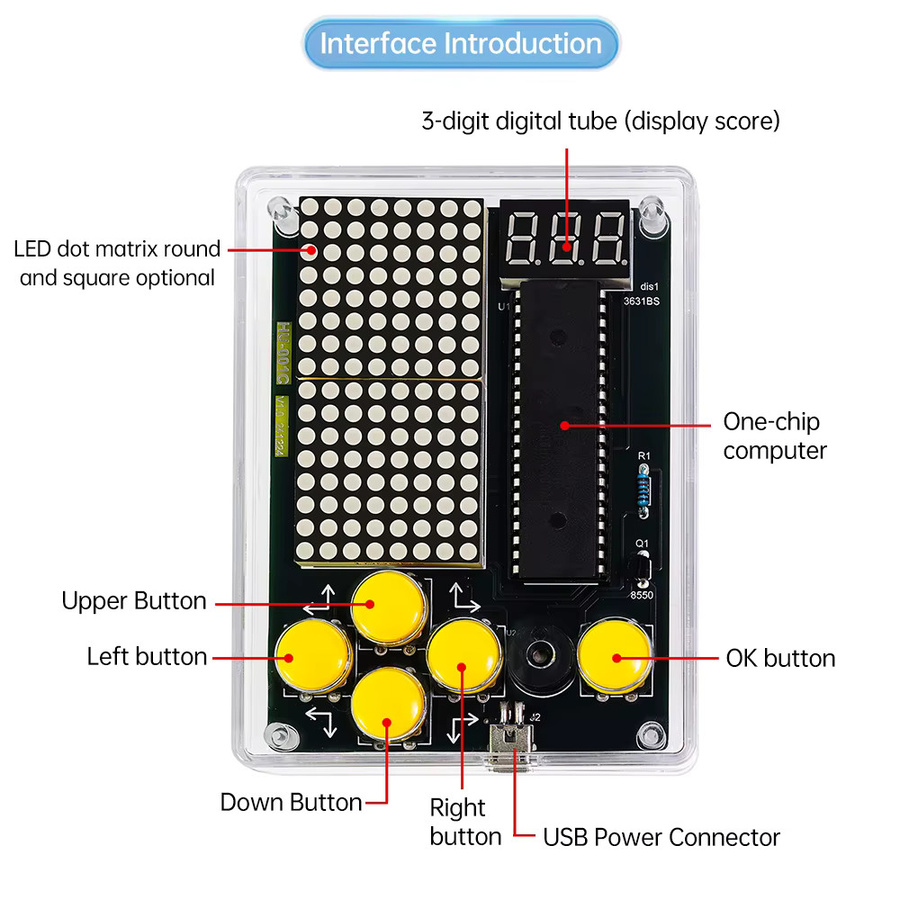 Gaqqee Pixel-Spielkonsole 51 Mikrocontroller DIY-Kit in Rot mit Micro-USB-Schnittstelle - Bild 3