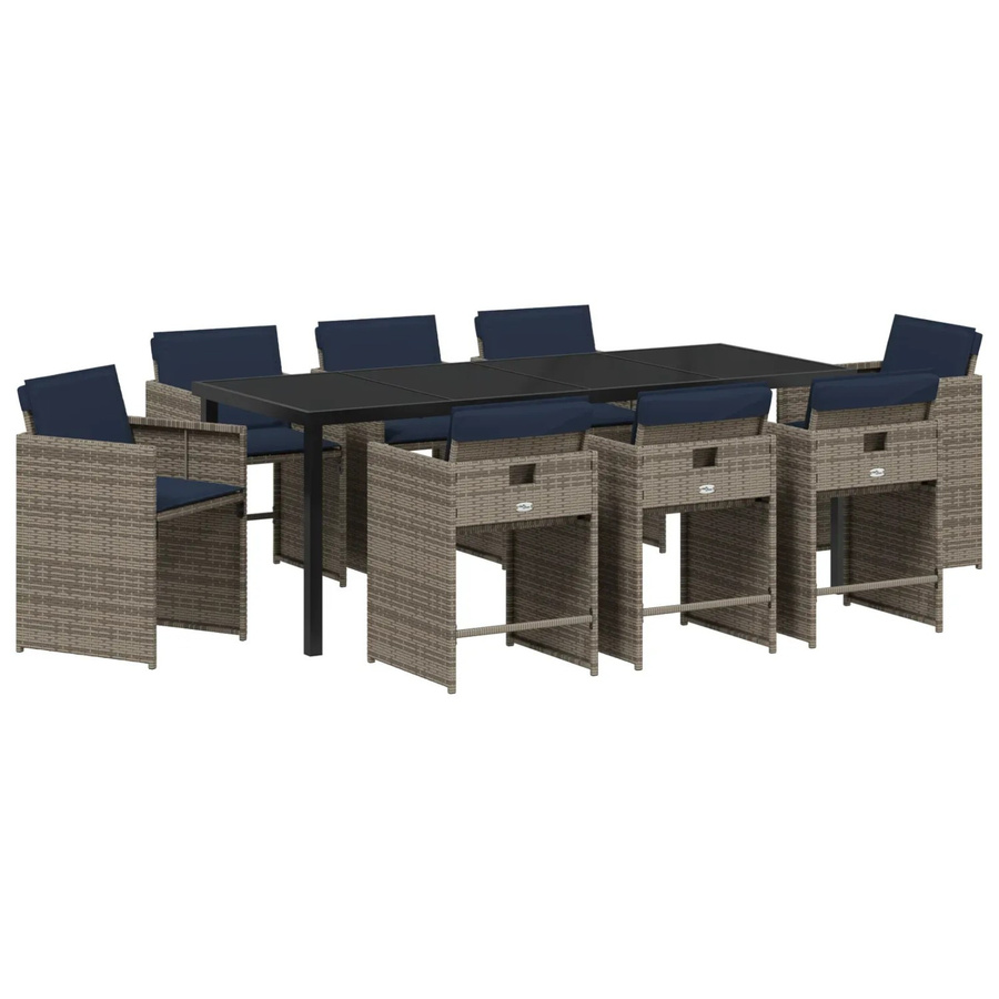 vidaXL Garten Essgruppe aus Poly Rattan mit Kissen, 9-teilig, Grau - Bild 2
