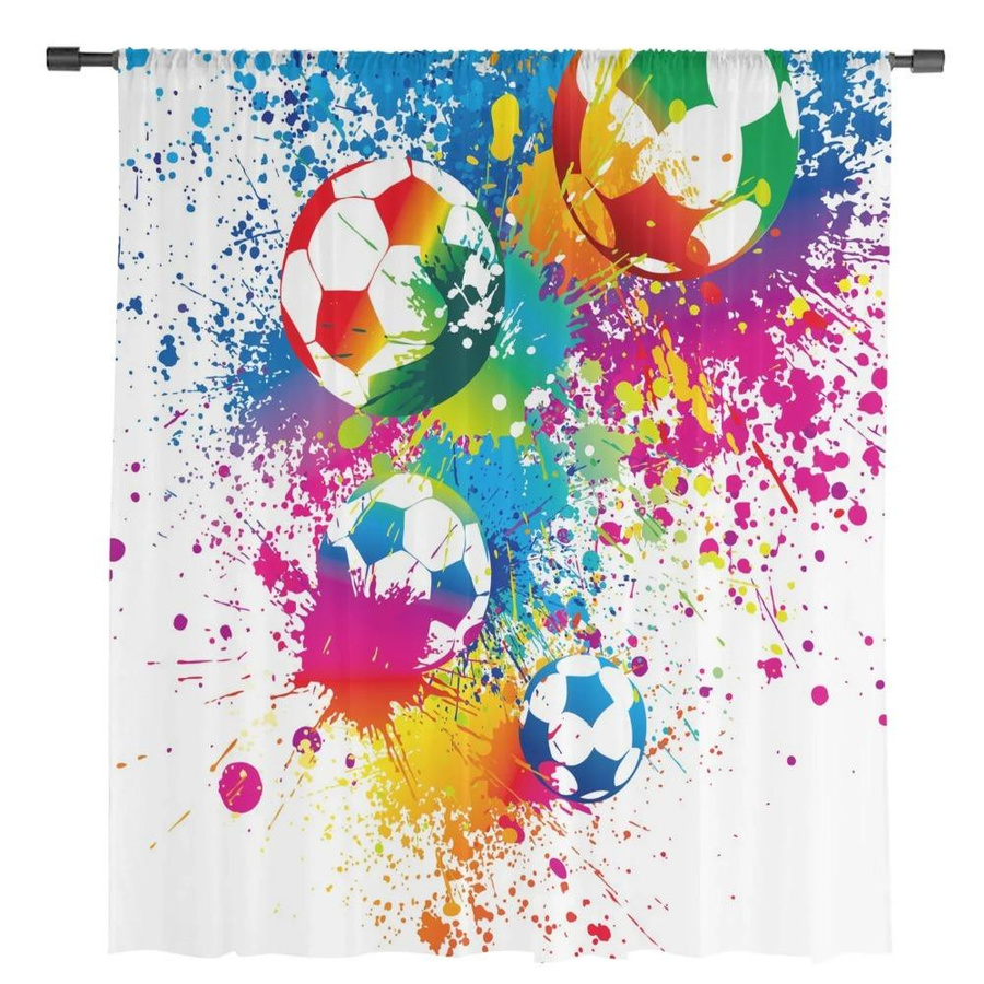 Yiran Furniture Fußball Tüll-Vorhang mit Grafik-Design, Transparentes Organza-Voile-Fenstervorhang, Mehrfarbig, B: 135 cm, H: 115 cm - Bild 1