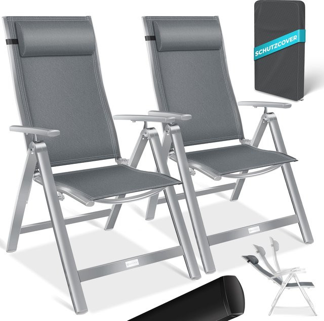 KESSER Gartenstuhl Hochlehner aus Aluminium mit Armlehnen und Kopfkissen in Grau, 7-fach verstellbarer Klappstuhl aus wetterfestem Textilene-Material - Bild 1