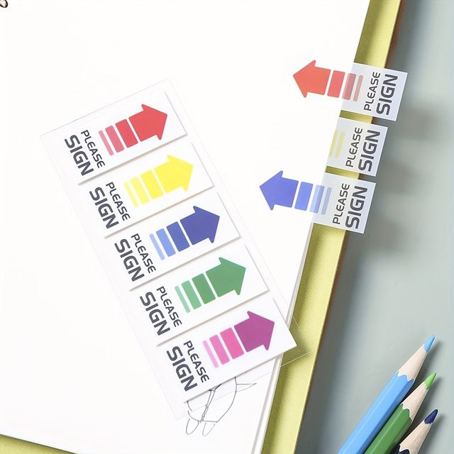 100 Stück bunte Pfeil-Haftnotizen mit SIGN-Aufdruck in 5 Farben (Rot, Grün, Gelb, Lila, Mehrfarbig) als Indexregister für Büro und Schule - Bild 1