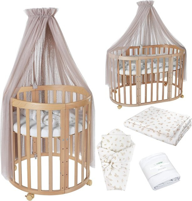 Waldin Babybett OWAL 7in1 Kinderbett aus Buchenholz mit Matratze, mitwachsendes Kinderbett, lackiert - Bild 1