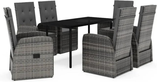 vidaXL 7-teilige Garten-Essgruppe aus PE-Rattan und Glas in Grau mit Auflagen - Bild 1