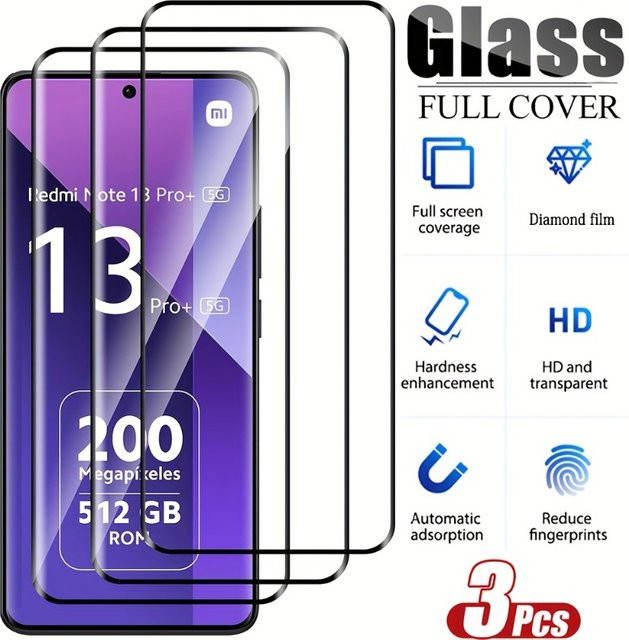 3er-Set Gebogenes Gehärtetes Glas Displayschutz für Xiaomi Redmi Note Serie Pro S Turbo T R E SE Lite Max Plus 5G, Transparent, 9H HD - Bild 1