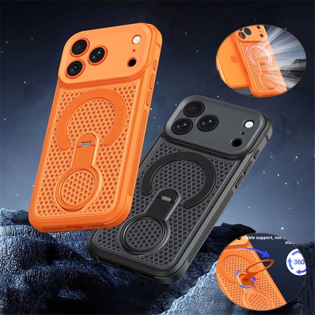 Magnetische Magsafe Schutzhülle von szHAIyu mit 360 Grad rotierendem Ringhalter und Mesh-Wärmeableitung für iPhone 11 bis iPhone 18 Pro Max in Grau und Orange - Bild 1