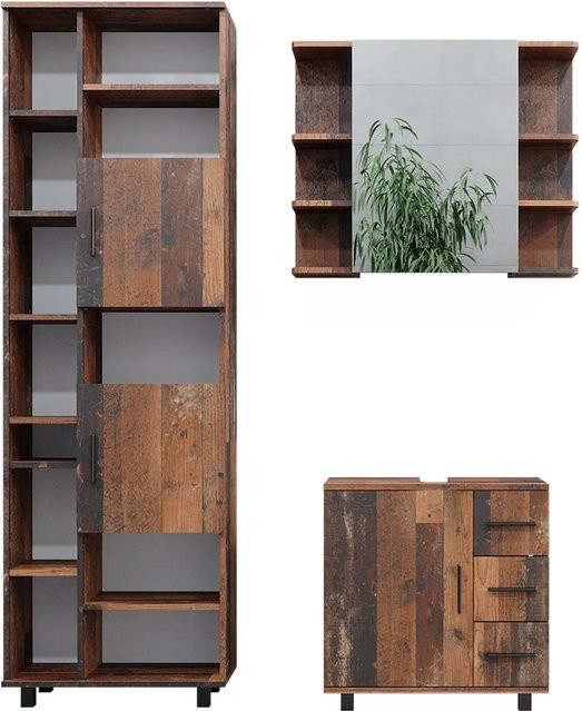 Vicco Badmöbelset Ilias Old Style in Eiche Rustikal Braun, 3-teilig bestehend aus Spiegelschrank, Waschbeckenunterschrank und Badschrank - Bild 2