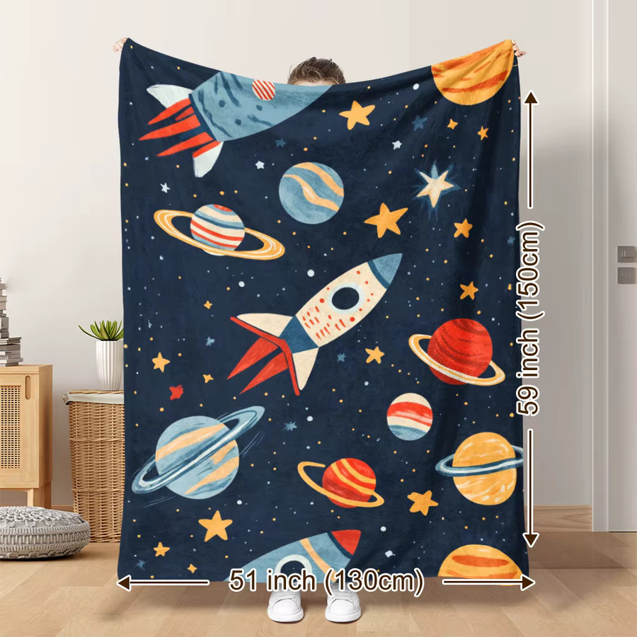 VIKAMA Flanelldecke mit Raketen- und Space-Motiv für Kinder, Mehrfarbig, B/T: 90 x 75 cm - Bild 3