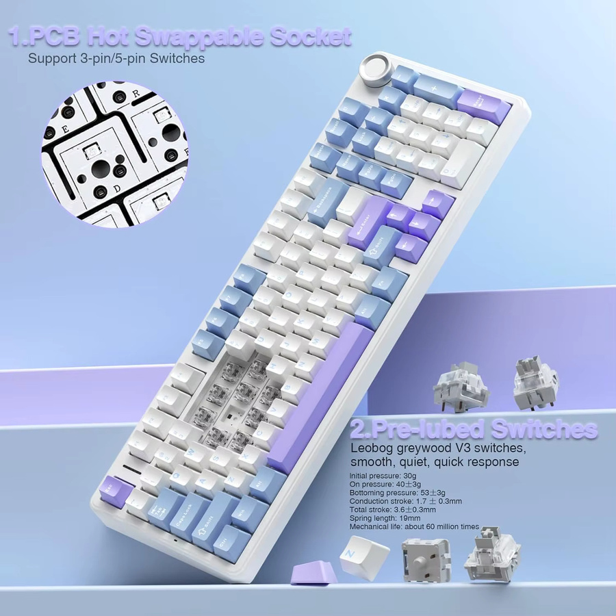 AULA F99 PRO Kabellose Gaming-Tastatur mit 99 Tasten, Hot-Swap Gasket-Struktur, 96% Layout, 8000mAh Akku und Drehregler in Weiß, Blau oder Lila - Bild 2