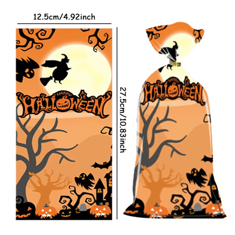 50 Stück Halloween Süßigkeitenbeutel mit Geister- und Kürbisdesign aus Kunststoff für Party-Dekorationen und Goodie-Geschenktüten - Bild 2