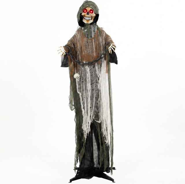 Aosom HOMCOM Halloween Animierter Sensenmann Lebensgroß mit leuchtenden Augen, Sound- und Berührungsaktivierung, Höhe: 170 cm, Farbe: Rot/Schwarz - Bild 1