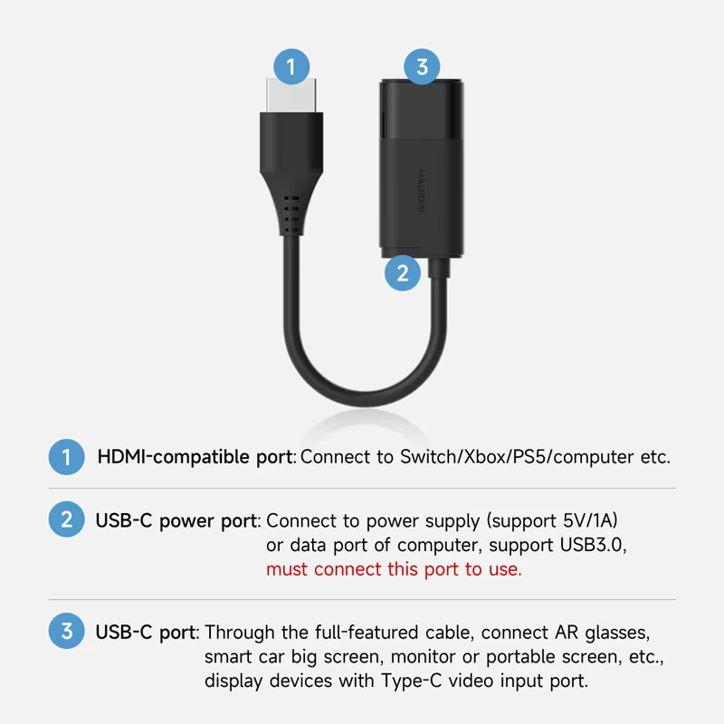 Hagibis HDMI zu USB C Konverter Adapter für AR Brillen in Schwarz zum Aufladen und Spielen mit Switch, PS5 und Xbox sowie Rokid, Xreal und Thunderbird - Bild 2