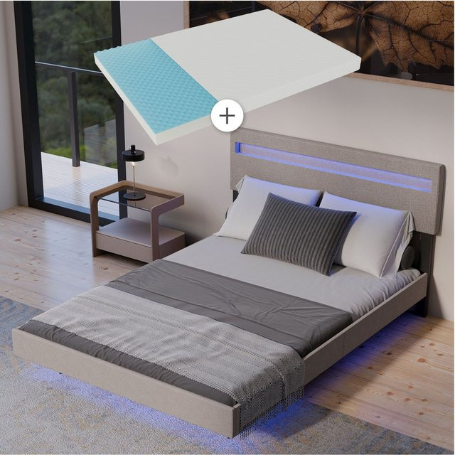 Juskys Schwebebett Lissabon mit Matratze und LED-Beleuchtung, beige, B: 140 cm, T: 200 cm - Bild 1