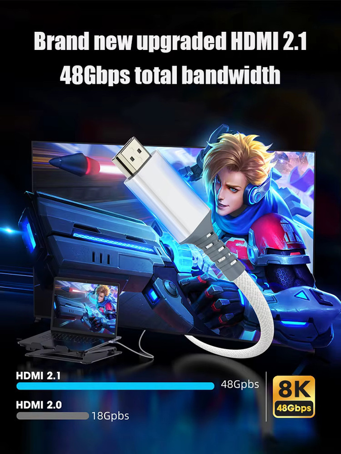 Byscoon HDMI 2.1 Kabel für 8K/60Hz und 4K/120Hz mit 48Gbps, Dynamic HDR10+, eARC und HDCP 2.3, kompatibel mit PS5, Xbox, PC und RTX Grafikkarten, in Silber/Grau/Weiß - Bild 2