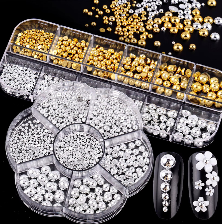 MAGT Nagel Charms Gold Silber Metallic, Halb Runde Kaviar Perlen - Bild 3
